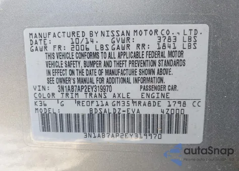 2014 Nissan Sentra Sv z USA, uszkodzony, nr VIN 3N1AB7AP2EY319970